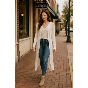 Rachel Zoe Cardigan XS White Open Front Lng Duster Sweater Cottagecore Fairycore